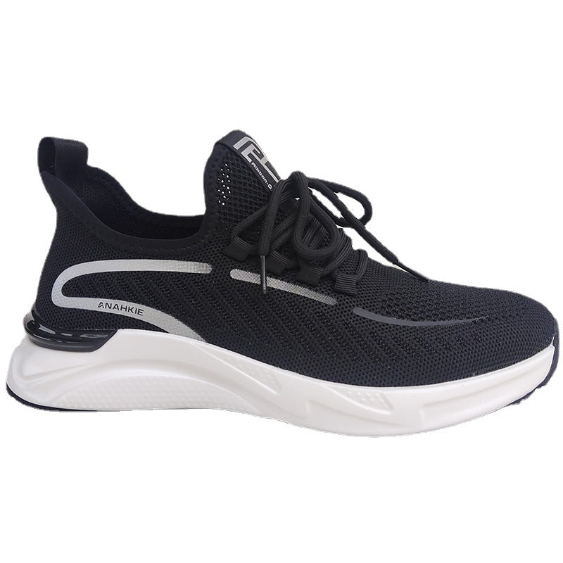 Men's Thin Mesh Black Surface White Background Breathable Travel Flying Woven Men's Sports Shoes