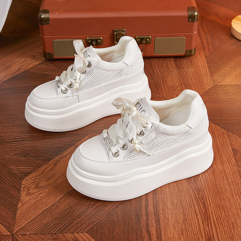 Women's Platform White Summer Height Increasing Insole Fashion Muffin Hollow Sneakers