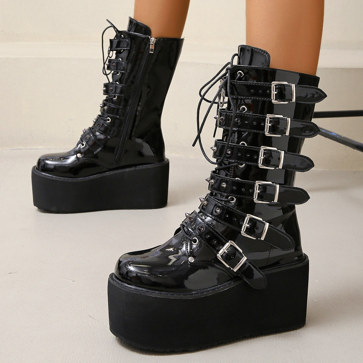 Women's Punk Rivet Riding Platform High Belt Boots