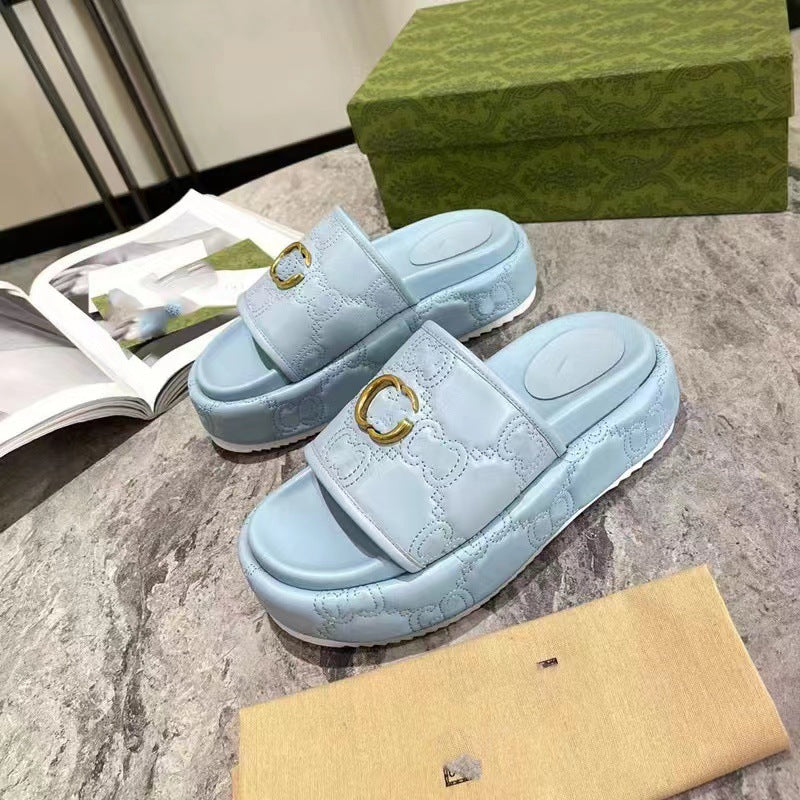 Women's Platform Embroidered Thread Height Increasing Metal Slippers