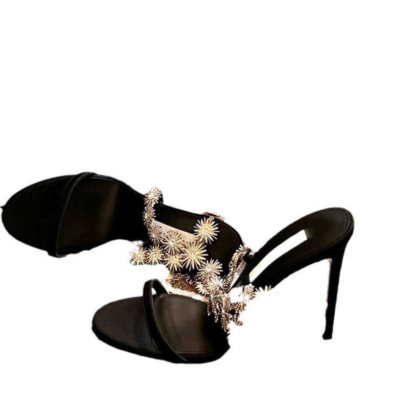 Women's Open Toe Rhinestone Chain Temperament Buckle Sexy High Heeled Sandals