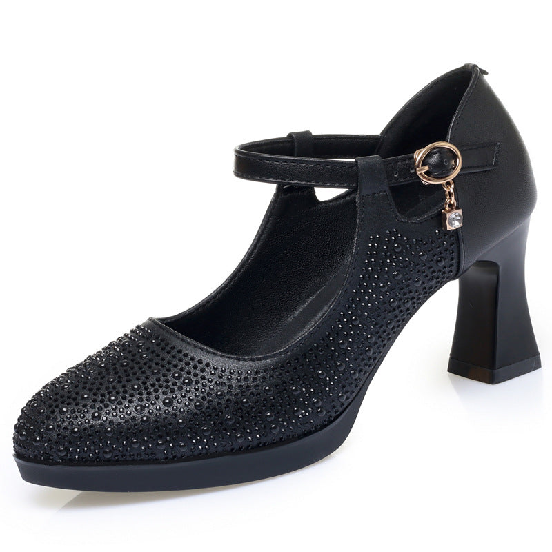 Women's Not Tired Feet Buckle Genuine Chunky Heels