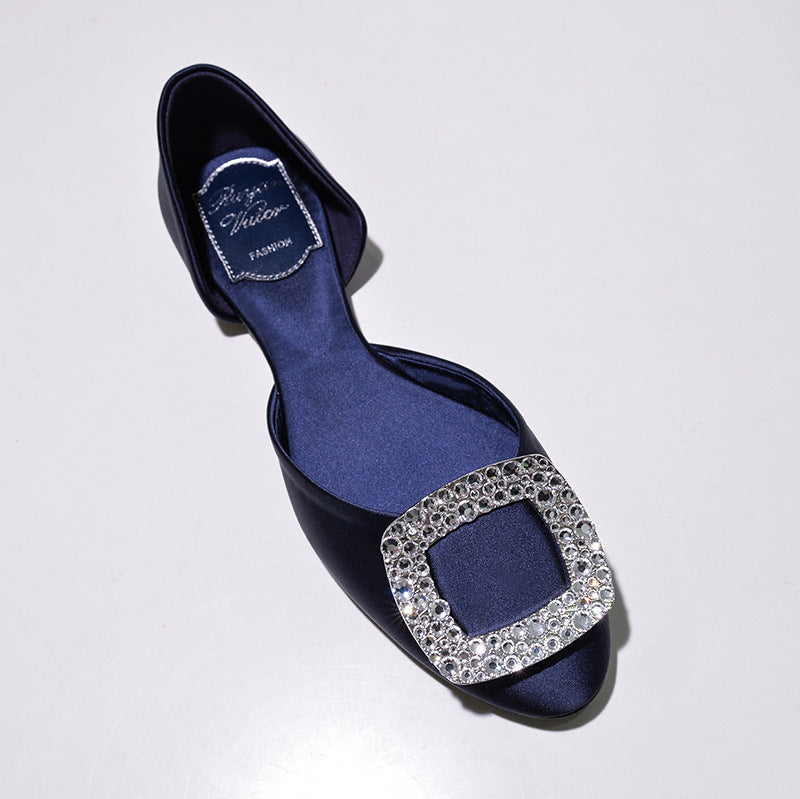 Women's Buckle Flats Hollow Rhinestone Pumps Satin Women's Shoes