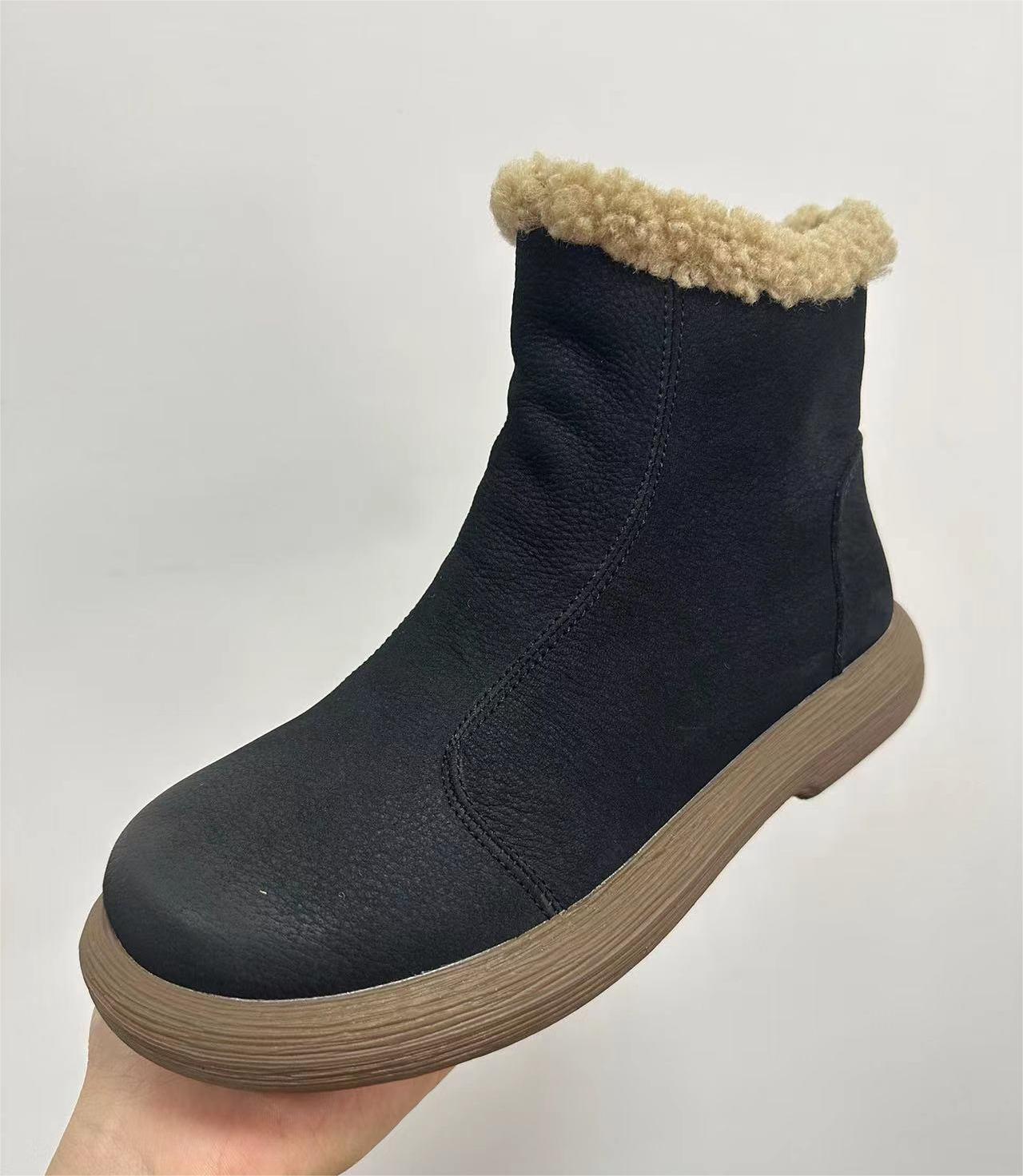 Women's Cowhide Retro Round Toe Side Zipper Short Boots