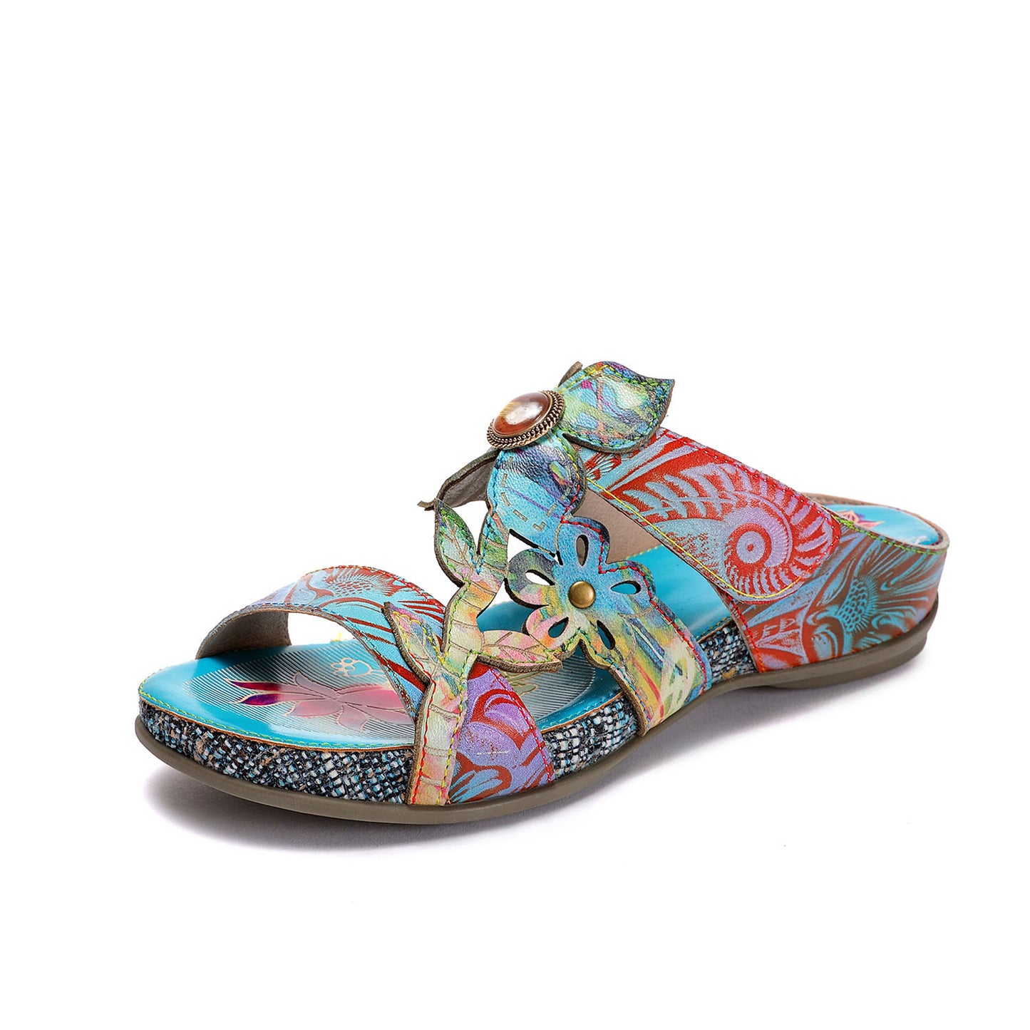 Meng Die Summer Round Toe Cowhide Cross Belt Rubber Slippers