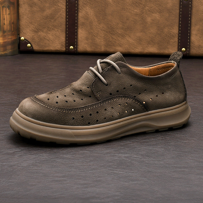 Men's Summer Perforated Genuine Cutout Top Layer Leather Shoes