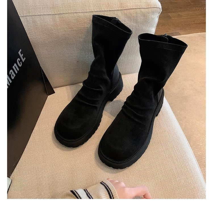 Women's Platform Skinny Round Toe Pleated Back Zipper Boots