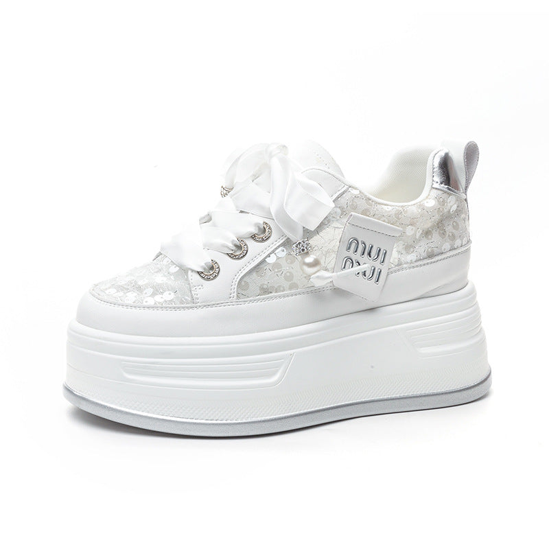 Thick Bottom Height Increasing Insole Mesh Breathable White Sequins Casual Shoes