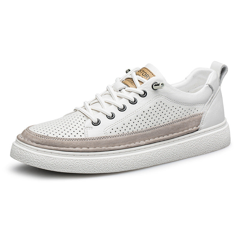 Men's White Flat Handmade Cowhide Sports Breathable Leather Shoes
