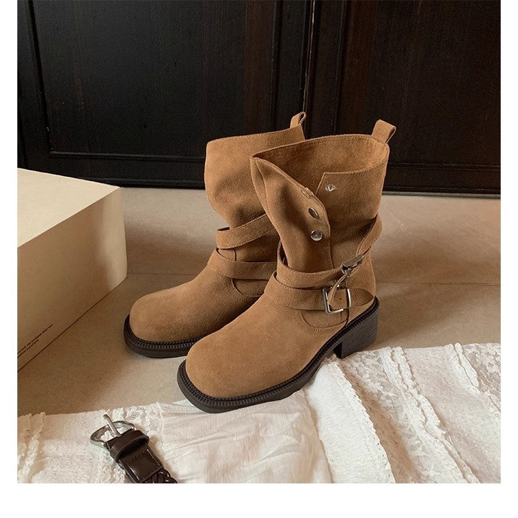 Increasing Chunky Platform Buckle Cow Suede High-heeled With Short Tube Heels