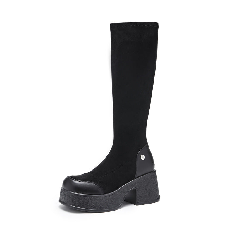Women's Retro Small Thick Bottom Stretch Skinny Suede Boots