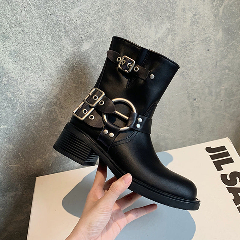 Women's Retro Round Head Ankle Ring Chunky Boots