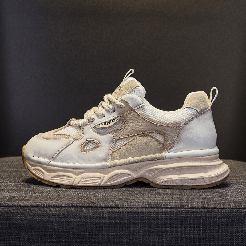 Women's First Layer Cowhide Lightweight Soft Sole Retro Color Matching Mesh Casual Shoes
