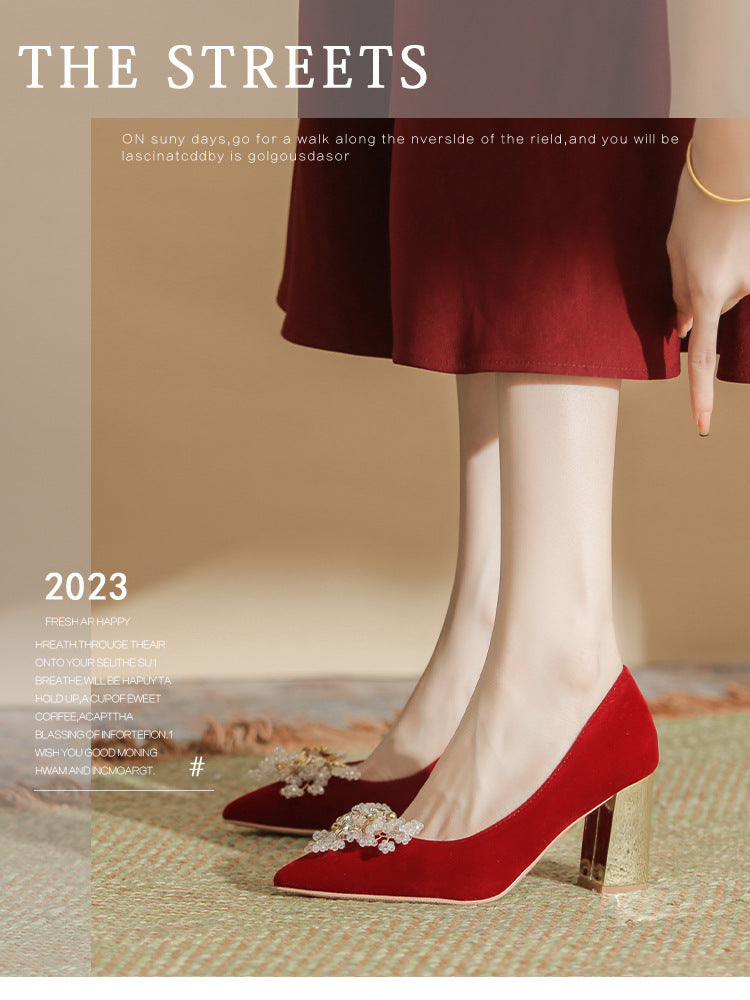 Women's Electroplated Crystal Flower Ornament Suede Red High Women's Shoes