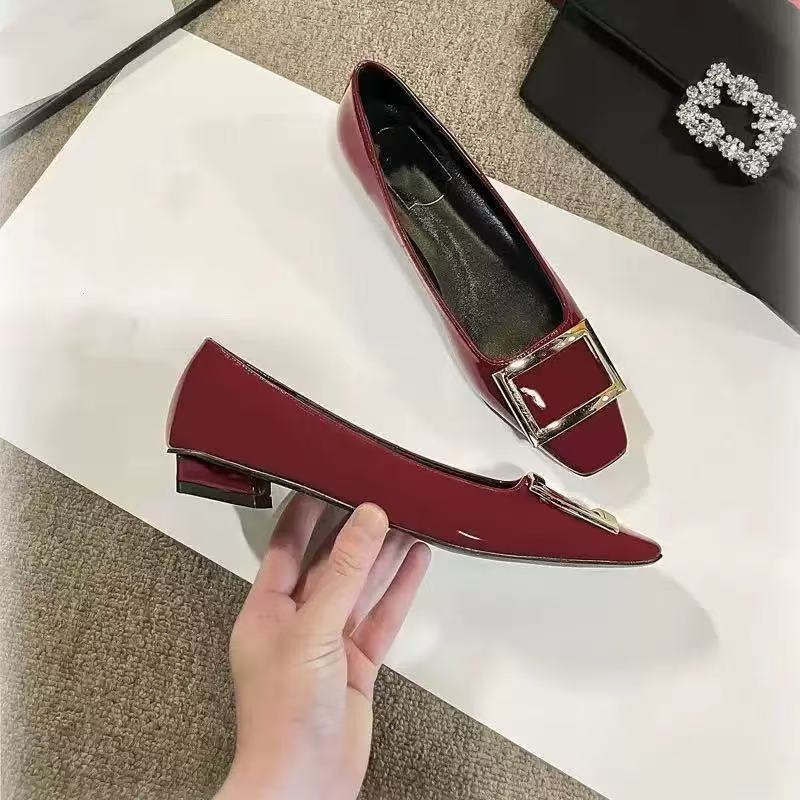 Women's Square Buckle High Patent Toe Elephant Gray Red Wedding Heels