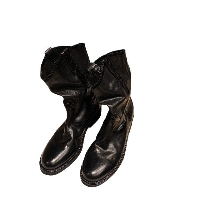 Women's Pointed Round Head V Cut Motorcycle Chunky Heels