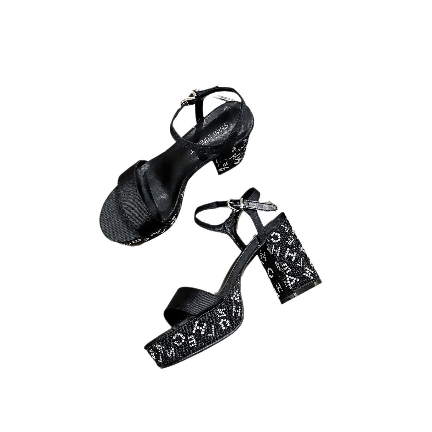 Women's Rhinestone Letters Chunky Buckle Sexy Waterproof High Heeled Sandals