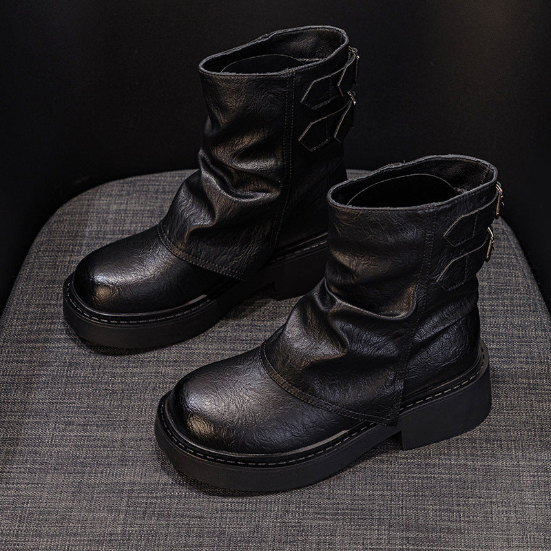 Women's British Style Short Pleated Knight Platform Pants Pile Boots
