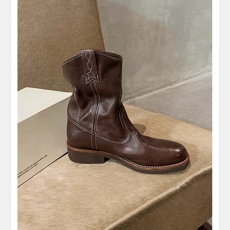 Women's Pointed Round Head V Cut Motorcycle Chunky Heels