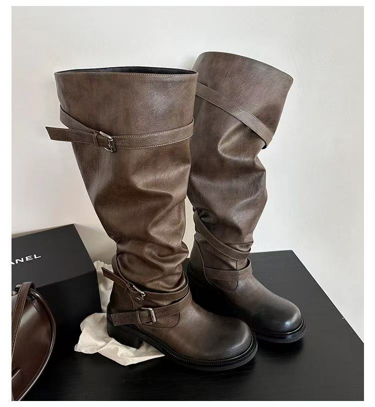 Version Classic Knight Martin Solid Color Belt Buckle Pile Style Women's Leather Boots