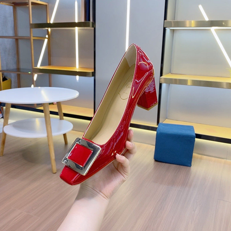 Women's Buckle Patent High Toe Low-cut Metal Temperament Heels