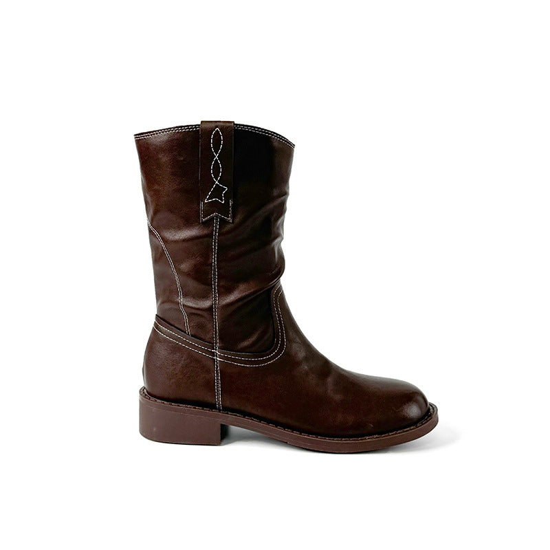 Women's Retro Style Thick Western Cowboy High Women's Leather Boots