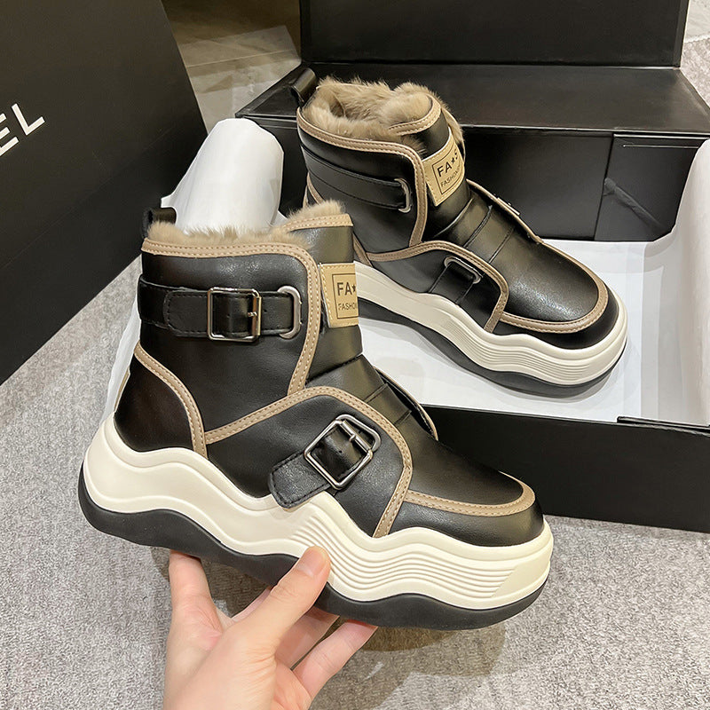 Women's Platform Winter Fleece-lined Cotton Belt Buckle Snow Boots