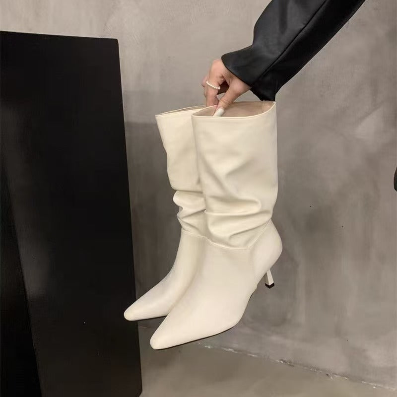 Women's Stiletto White Pile Style Riding Fashion Pointed Boots