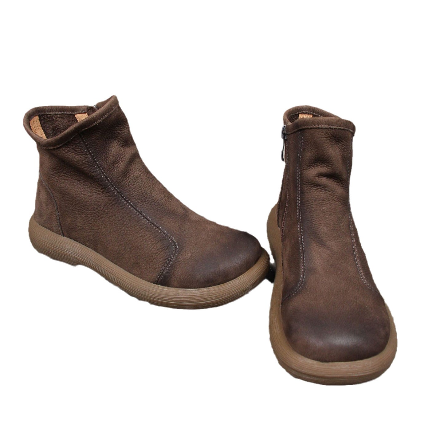 Women's Cowhide Retro Round Toe Side Zipper Short Boots