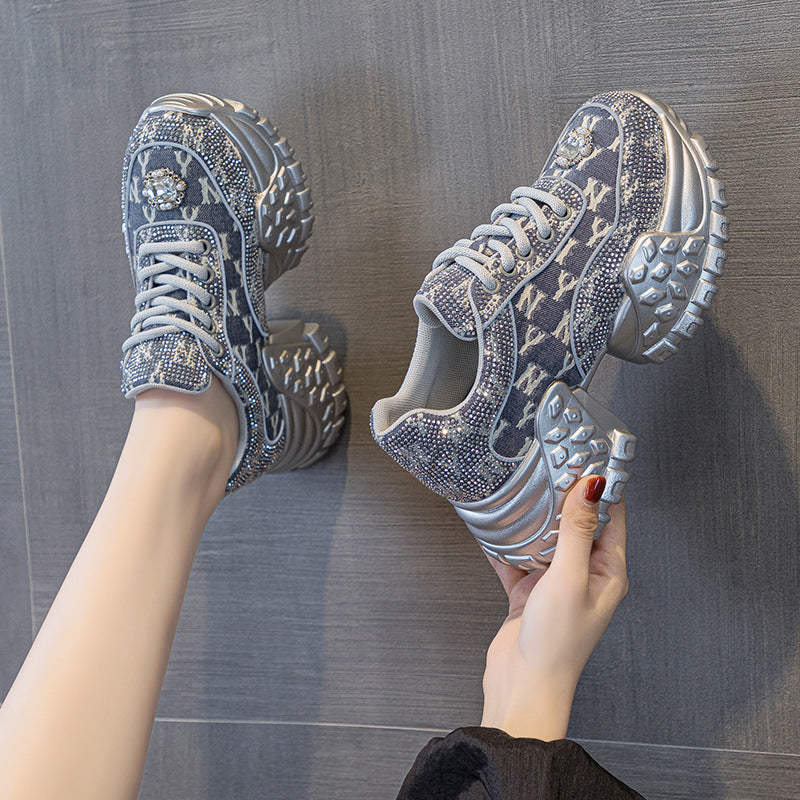 Women's Dad Platform Height Increasing Rhinestone Denim Korean Fashion Casual Shoes
