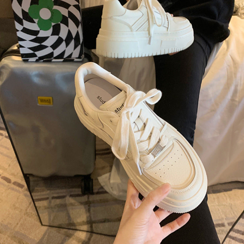 Women's White Round Toe Platform Elevator Wild Casual Shoes