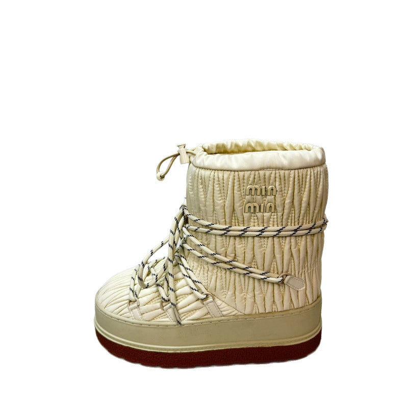 Classic Winter Imported Lamb Wool Pleated Nylon Strap Snow Boots
