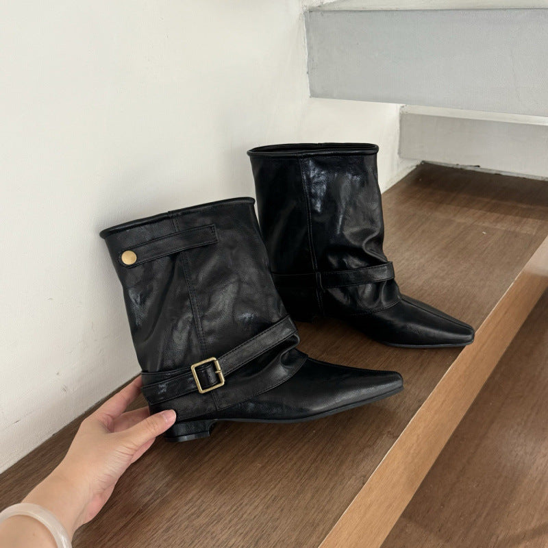 Women's Chunky Square Toe Pantyhose Ankle Belt Buckle Knight Vacation Women's Leather Boots