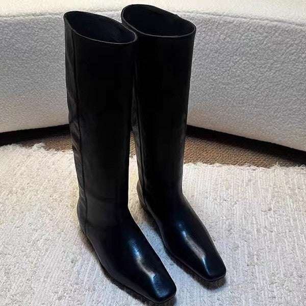 Send Retro Minority Square Toe Height Increasing Insole Sleeve Thin Women's Leather Boots