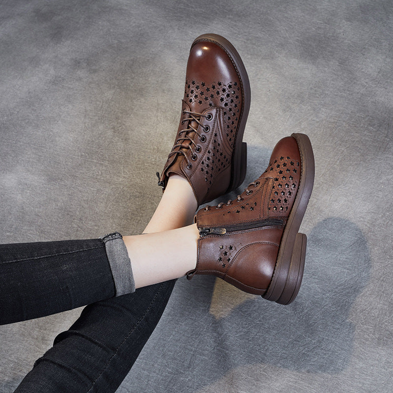 Women's Spring First Layer Cowhide Hollow Short Boots