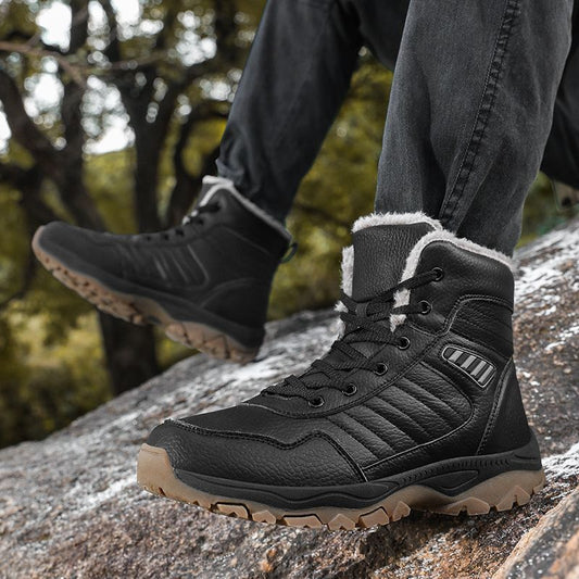 Men's Sole Fleece-lined Thick Hiking Black Cotton Snow Boots