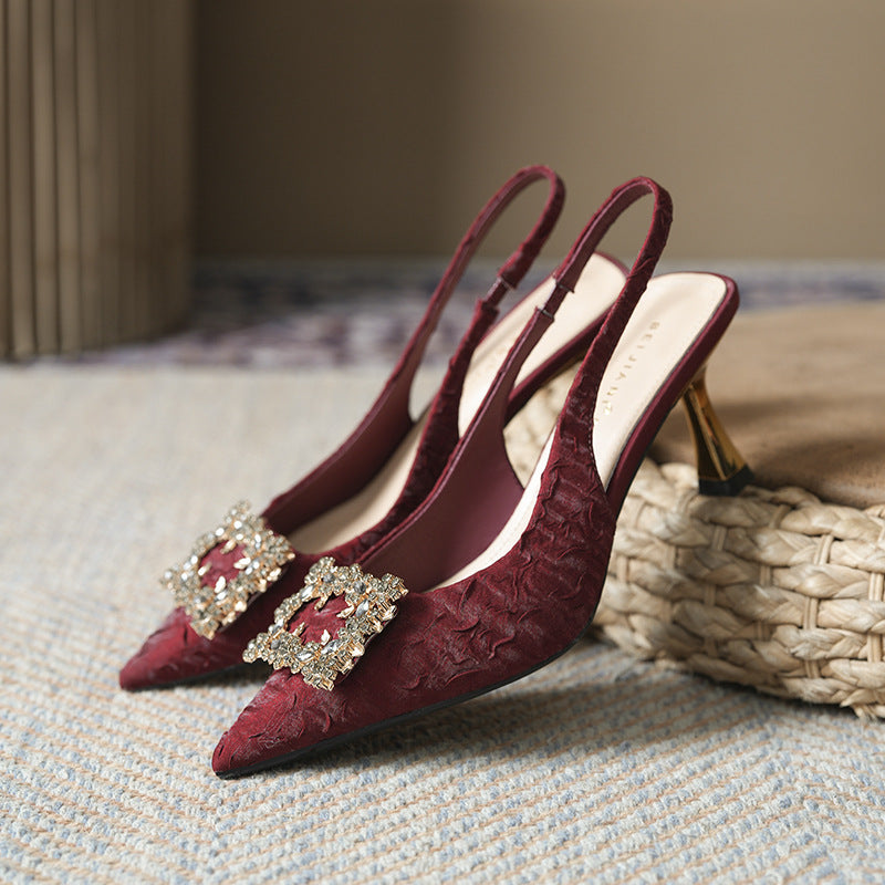 Women's Style Satin Pleated Square Buckle Pointed Toe Sandals