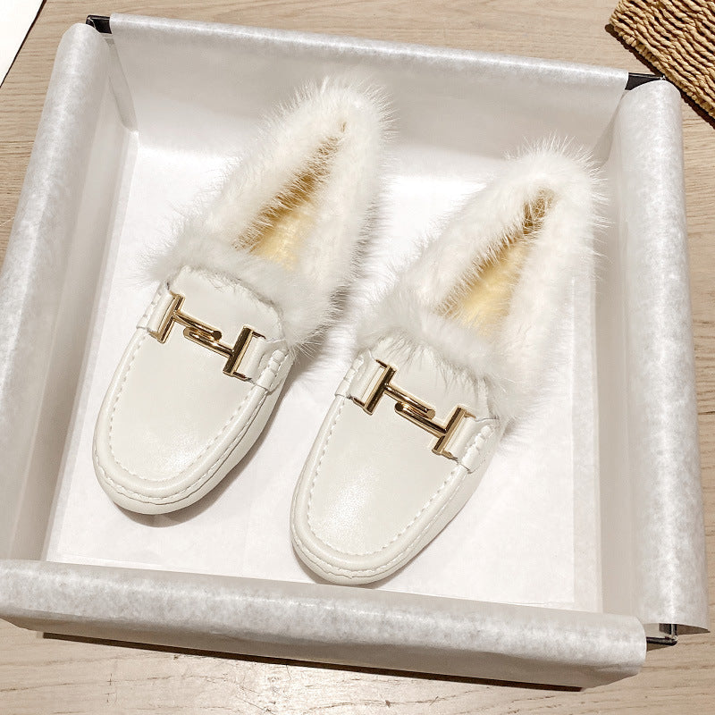 Women's Padded Flat Fluffy Outer Wear Slip-on Women's Shoes