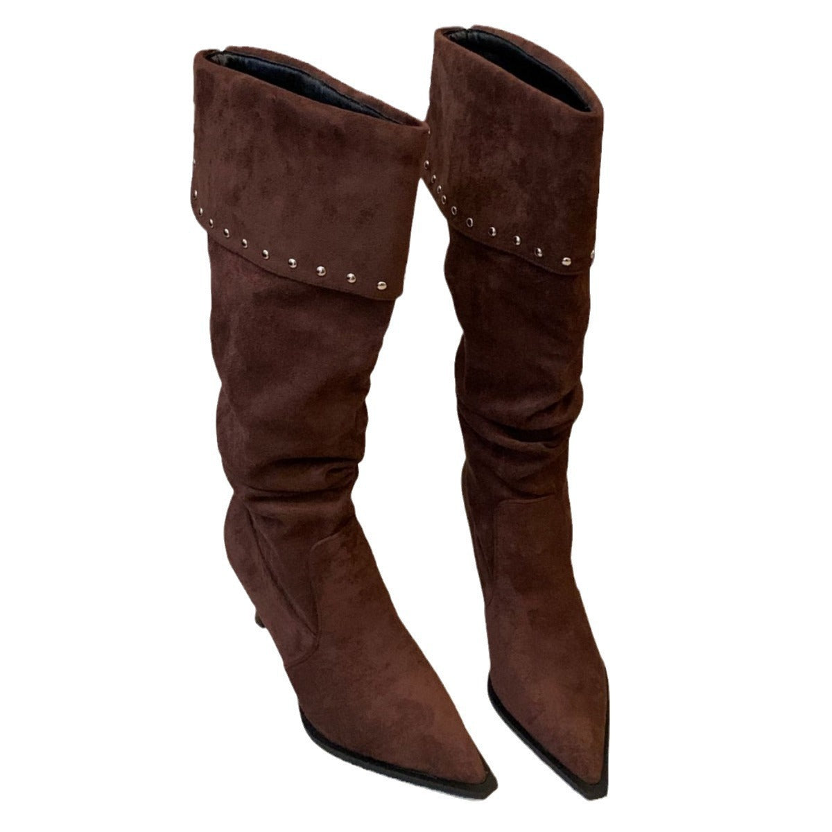 Pleated Pile Style Small Rivet Stiletto Below The Knee Knight Women's Leather Boots