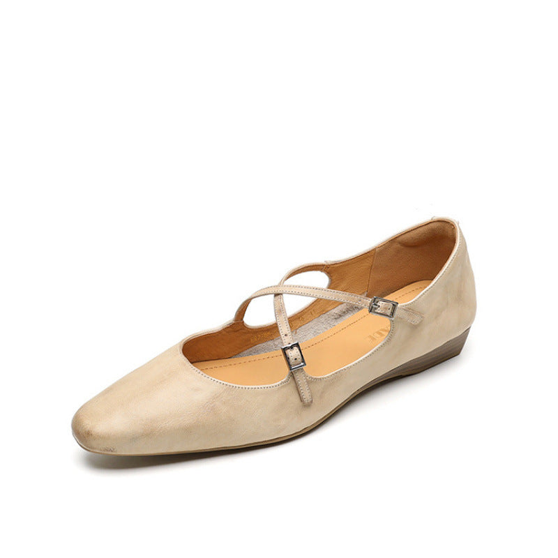 Women's Genuine Cross With Shallow Mouth Pumps Flat Wine Red Mary Women's Casual Shoes