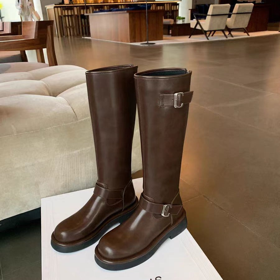 Head Buckled Chunky Below The Knee High Boots