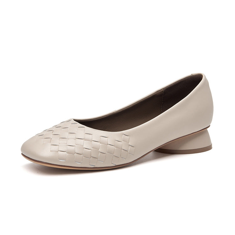 Women's Calf Skin Horseshoe Low Square Toe Soft Bottom Woven Women's Shoes
