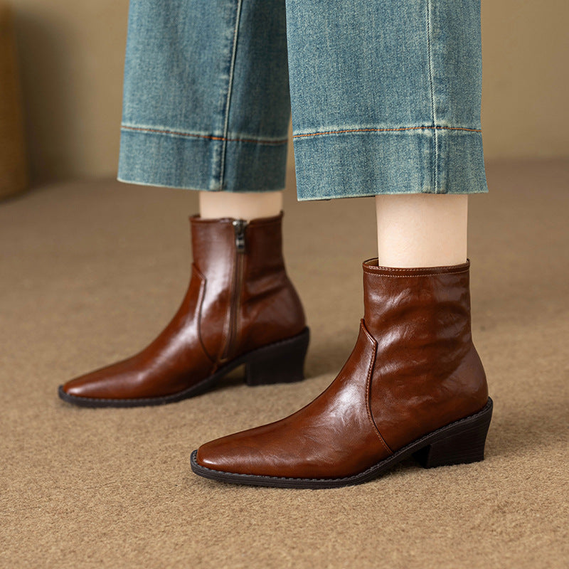 Women's Washed Cowhide Super Comfortable Short Thick Thin Square Toe Boots