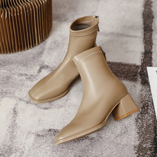 Women's Thin Fleece-lined French Style Booties Chunky Boots