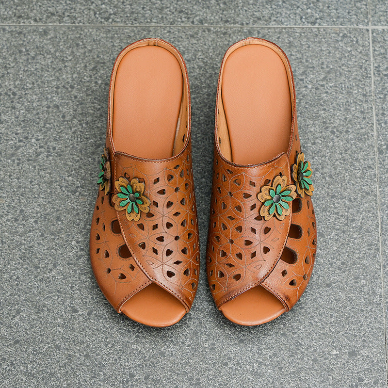 Women's Summer Ethnic Style Cowhide Mother Hollow Slippers