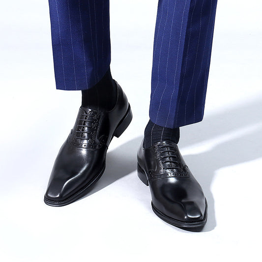 Men's Layer Cowhide Business Formal Wear Carved Genuine British Retro Leather Shoes