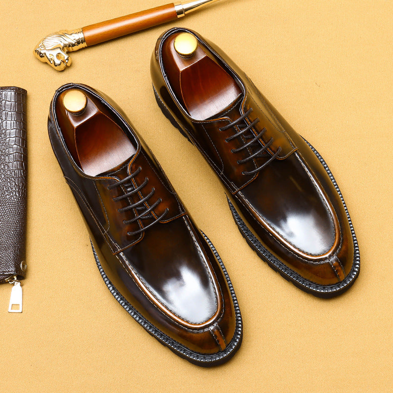 Men's Style Business Formal Wear Genuine Shining Black Platform Leather Shoes