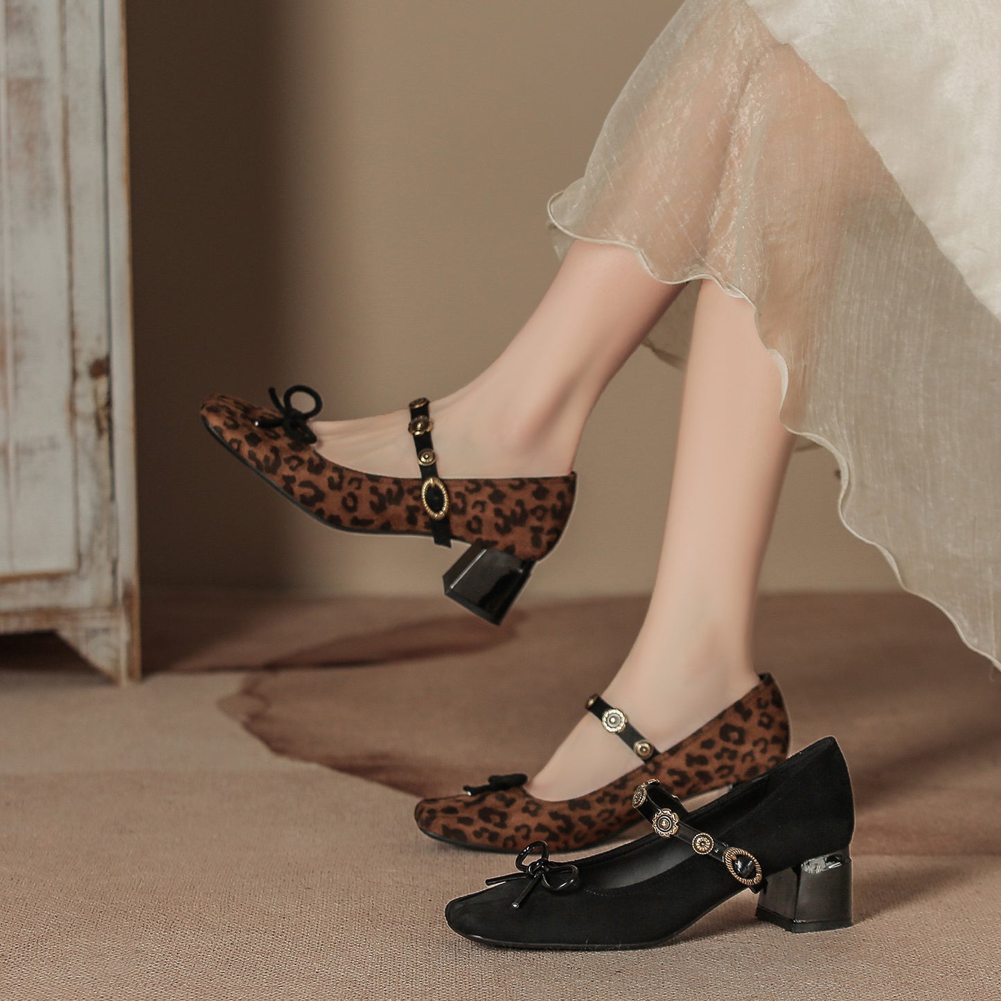 Women's Elegant Shallow Mouth Suede Pumps With Bow Strap Women's Shoes