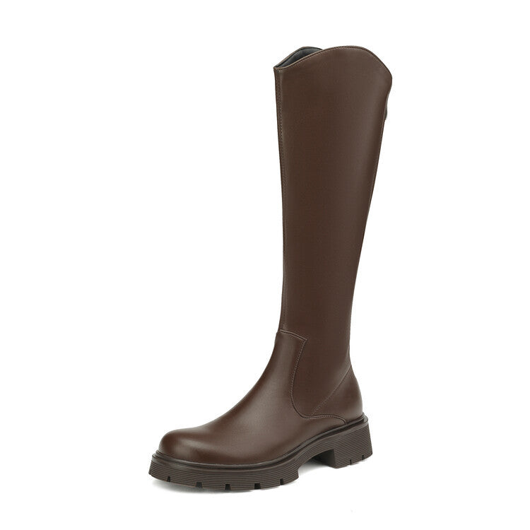 Women's Plus Size Korean Knight Round Head Chunky Below The Knee Women's Leather Boots
