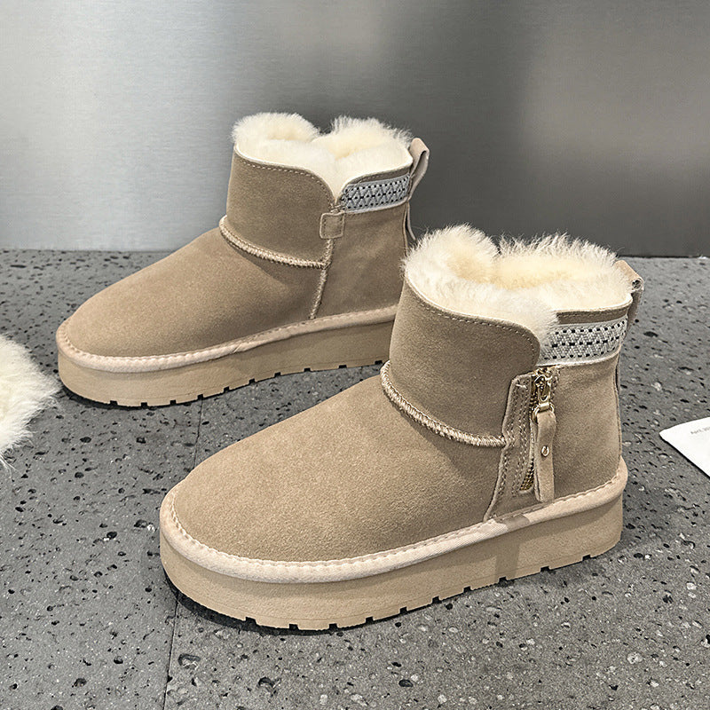 Women's Zip Platform Ethnic Style Fleece-lined Double Face Short Snow Boots